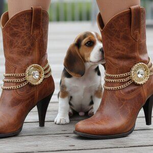 Women Gold Metal Chain Boot Bracelet Shoe Anklet FASHION Round Bling Charm SET